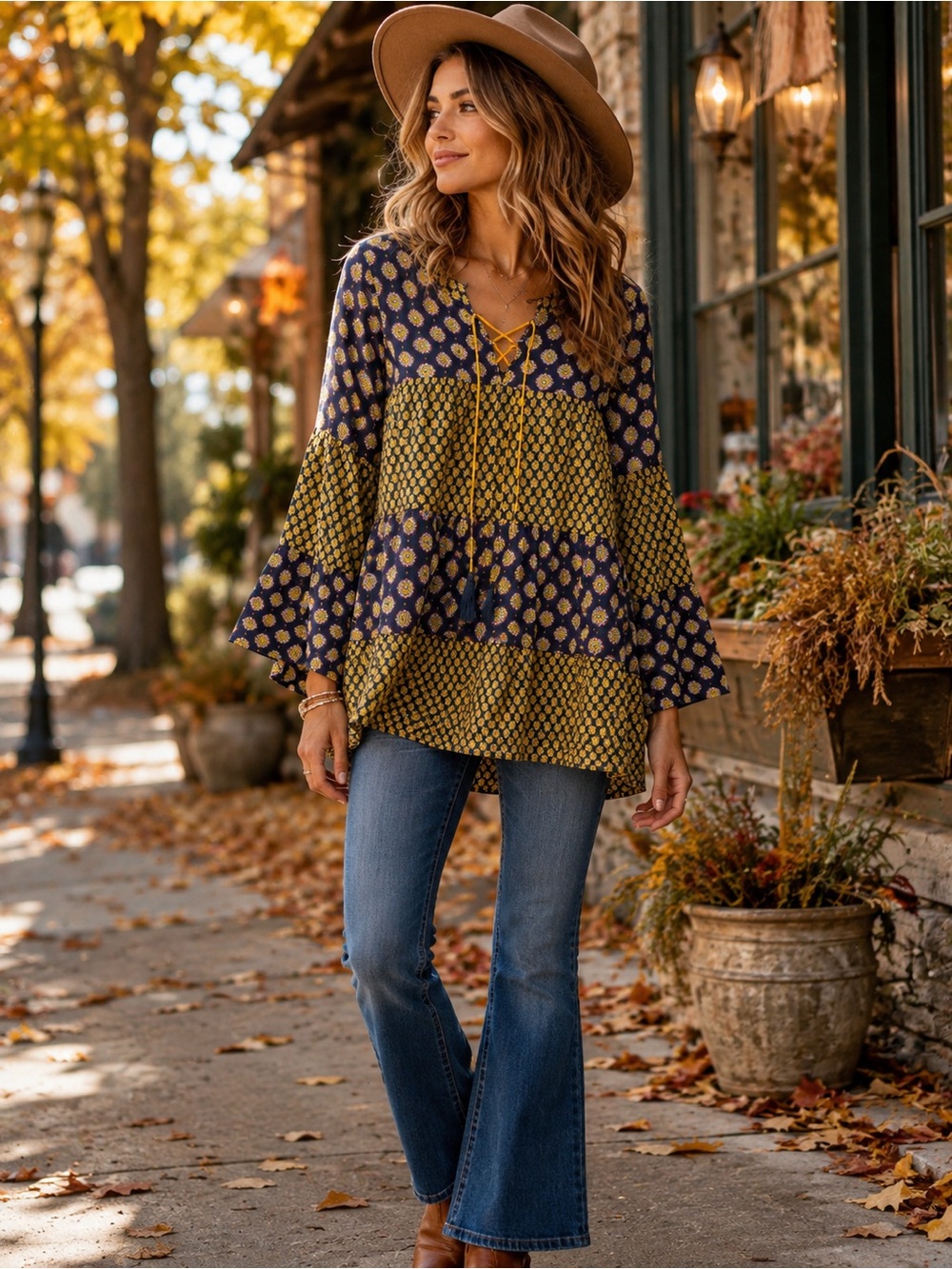 Earthbound Trading Co Small Boho Patchwork Floral Bell Sleeve Tunic Top